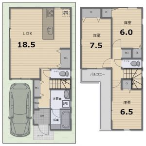 1号地　延床面積：91.32㎡(間取)