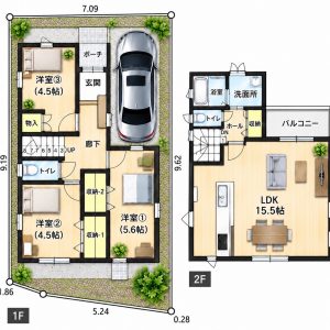 建物プラン例建物価格3580万円、建物面積76.33㎡　各居室に収納を備えた使い勝手の良い住まい。1階には洋室3室とを配置し、家族それぞれがプライベート空間を過ごせる間取りです。