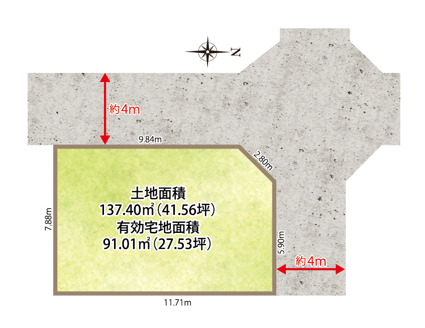 北西角地 土地面積137.40㎡（41.56坪） 有効宅地面積91.01㎡（27.53坪）(間取)