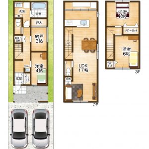 土地面積85.42㎡・建物面積97.2㎡・3LDK＋納戸(間取)