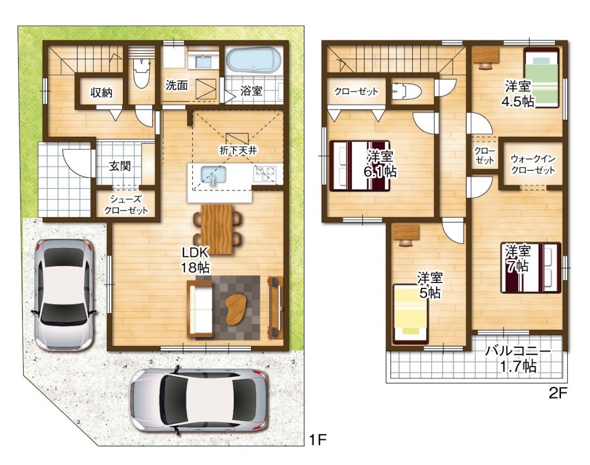 2階建て・4LDK!部屋数を確保し、ファミリータイプにオススメの物件です。駐車スペースも2台分完備!(間取) 2階建て・4LDK!部屋数を確保し、ファミリータイプにオススメの物件です。駐車スペースも2台分完備!(間取)