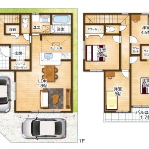 2階建て・4LDK！部屋数を確保し、ファミリータイプにオススメの物件です。駐車スペースも2台分完備！(間取)
