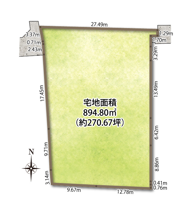 894.80㎡(270.67坪) 北側公道接道(現況1.9m~2.5m)しており、セットバック後退を行うことにより、 東西の車の行き来が可能となり、 周辺環境もより便利になります 894.80㎡(270.67坪) 北側公道接道(現況1.9m~2.5m)しており、セットバック後退を行うことにより、 東西の車の行き来が可能となり、 周辺環境もより便利になります