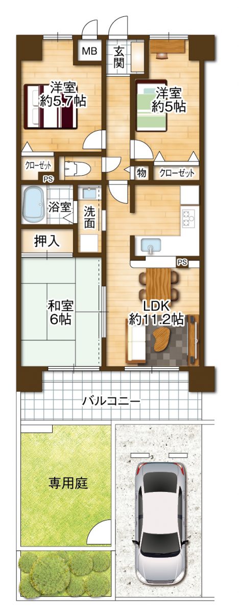 1階ならではの暮らしやすさが魅力の専用庭・専用駐車場付きの住戸です(^^)(間取)