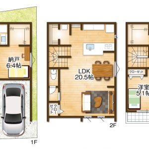 建物プラン例①建物面積119.07㎡ 2階に家族が集まるリビング20帖を設けた、3階建4LDKの建物プランです♪(間取)