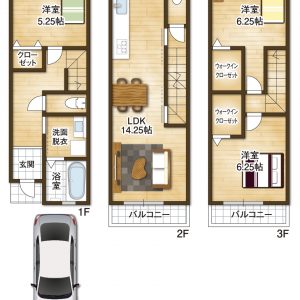 3階建てならではのゆとりある間取りで、家族それぞれが快適に過ごせる3LDK。各居室収納スペースも確保しております(間取)