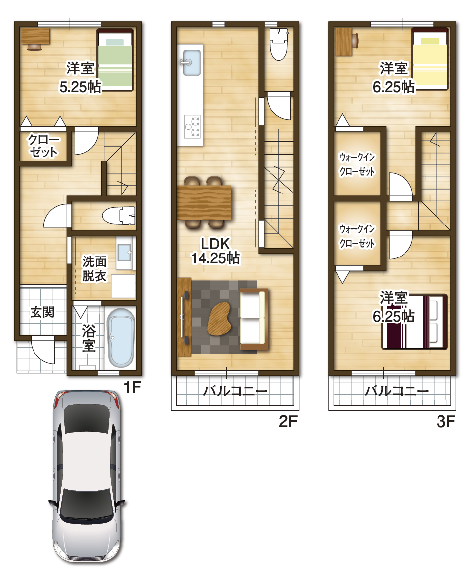 3階建てならではのゆとりある間取りで、家族それぞれが快適に過ごせる3LDK。各居室収納スペースも確保しております(間取) 3階建てならではのゆとりある間取りで、家族それぞれが快適に過ごせる3LDK。各居室収納スペースも確保しております(間取)