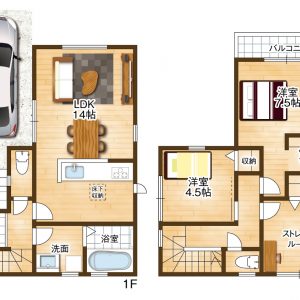 建物プラン例◇建物面積76.95㎡ 家族の暮らしやすさを考えた収納充実の3LDK。各居室収納に加え、ストレージルームや床下収納も備えています。ビルトインガレージ付きで雨の日の乗り降りにも便利です♪(間取)