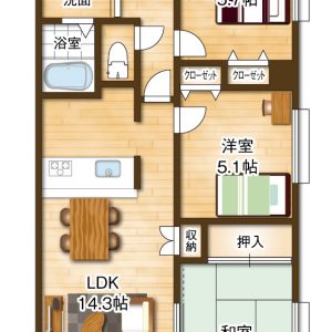 69.30平米の３LDK！1階につき階下への騒音の心配がなく、お子様のおられるご家庭にはご安心いただける物件です♪(間取)