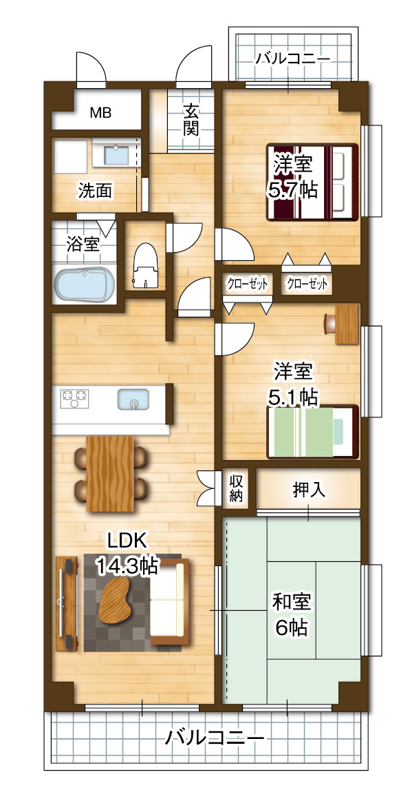 69.30平米の３LDK！1階につき階下への騒音の心配がなく、お子様のおられるご家庭にはご安心いただける物件です♪(間取)