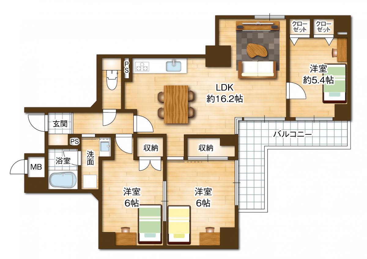 約16.2帖のゆとりあるLDKを中心に家族が自然と集まりやすい住空間(^^)3室の洋室にはそれぞれ収納を備え、お部屋を綺麗に保ちやすい住戸です(間取) 約16.2帖のゆとりあるLDKを中心に家族が自然と集まりやすい住空間(^^)3室の洋室にはそれぞれ収納を備え、お部屋を綺麗に保ちやすい住戸です(間取)