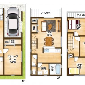 浴室乾燥、浄水器付きシステムキッチン、各居室に収納スペースなど様々なこだわりの住宅設備の整った3階建て2LDK+2WIC+2S住戸です(間取)