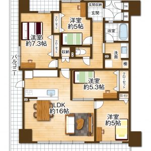 ４LDKの住戸でファミリー様におススメ！ご家族それぞれのプライベート空間を確保できます(間取)