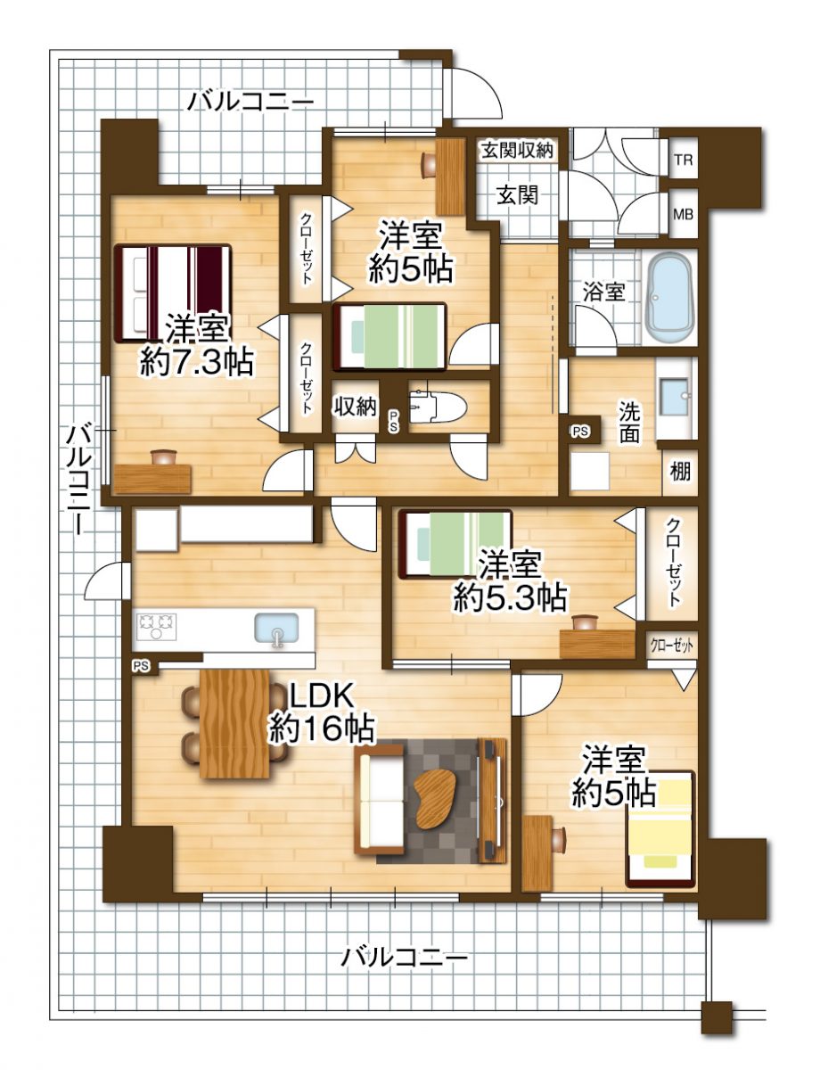 4LDKの住戸でファミリー様におススメ!ご家族それぞれのプライベート空間を確保できます(間取) 4LDKの住戸でファミリー様におススメ!ご家族それぞれのプライベート空間を確保できます(間取)