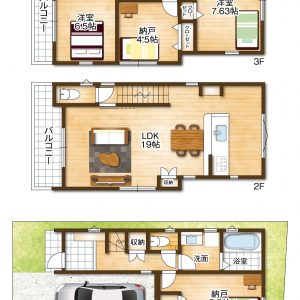 敷地面積６６．１６平米・延床面積１１６．８９平米・３階建て２ＬＤＫ＋２Ｓ(間取)