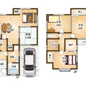 和室を備えたゆとりのある４LDKの二階建て住宅。ご家族それぞれのお部屋を確保しやすく、子供部屋や書斎、来客用のお部屋などライフスタイルに合わせて幅広く活用できます