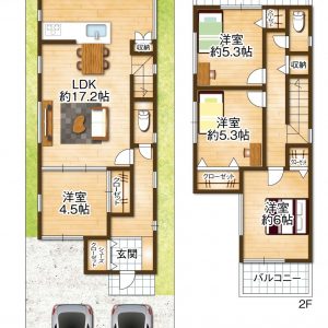 建物プラン例 LDKと水回りを1階にまとめた、家族が自然と集まる間取り設計。各居室もゆとりがあり、ファミリーにおすすめの住まいです。