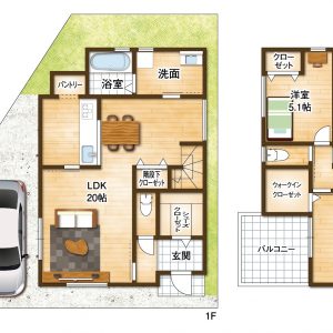 20帖のゆとりあるLDKを中心に、ご家族が快適に暮らせる3LDKの間取り。キッチンにはパントリーを備え、食品や日用品の収納にも便利です。各居室にも収納を確保し、家族の暮らしやすさを考えた住戸です(間取)