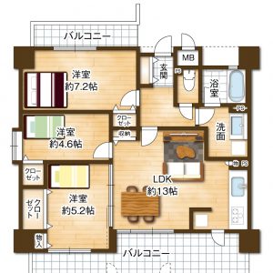 角部屋ならではのプライバシー性の高さが魅力の３LDK。ご家族それぞれの時間を大切にしながら、快適な暮らしをお楽しみいただけます(間取)