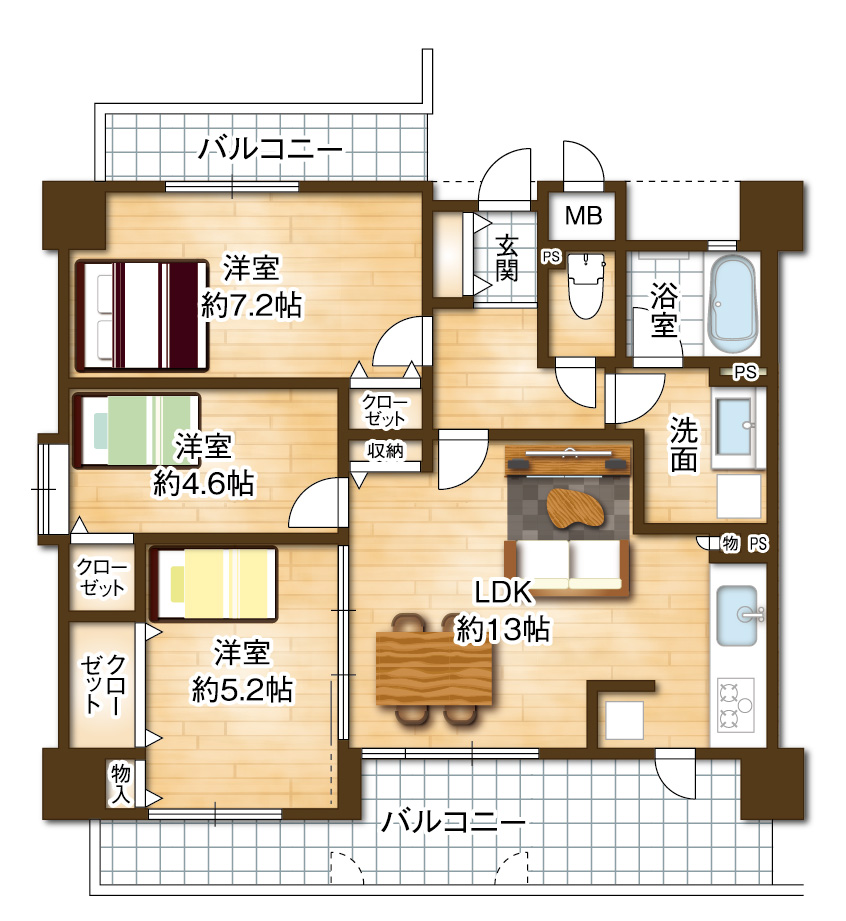 角部屋ならではのプライバシー性の高さが魅力の３LDK。ご家族それぞれの時間を大切にしながら、快適な暮らしをお楽しみいただけます(間取)