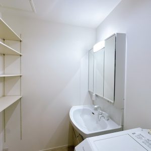 タオルや洗面用品をまとめて収納できる便利スペース付きです